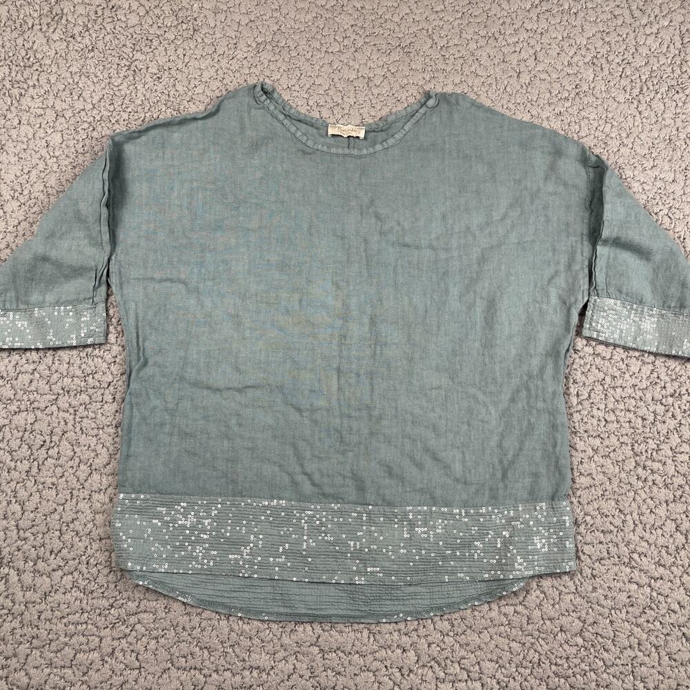 Bellambra Women Top Shirt 100% Linen Made In Italy 3/4 Sequin Trim Blue S Boho